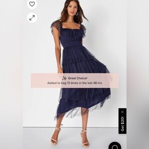 Lulus Tier I Come Navy Blue Tulle Square Neck Tiered Midi Dress